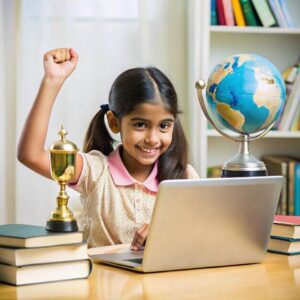 Smiling girl studying online with laptop and trophy, inspired by the best online phonics classes for kids in India