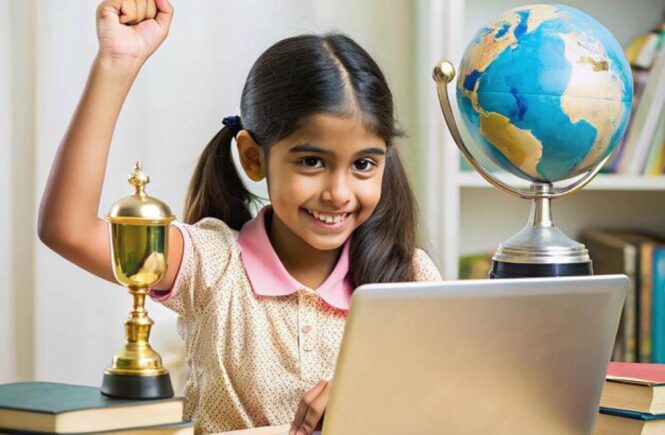 Smiling girl studying online with laptop and trophy, inspired by the best online phonics classes for kids in India