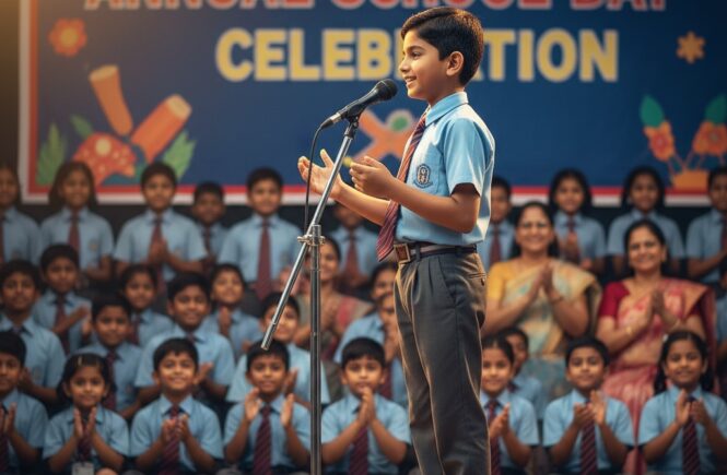 Children's school celebration event, representing the confidence and skills gained from the best online spoken English classes for kids in India