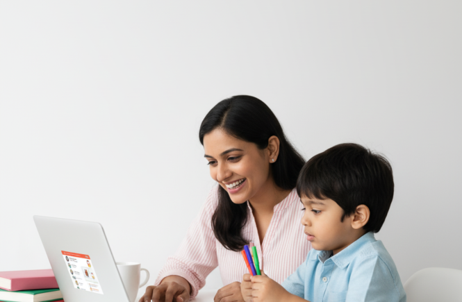 A smiling mother and her young son learning together on a laptop during an online English class