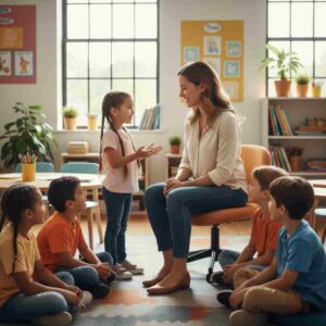 Teacher interacting with young students in a bright classroom, encouraging open communication and emotional growth.
