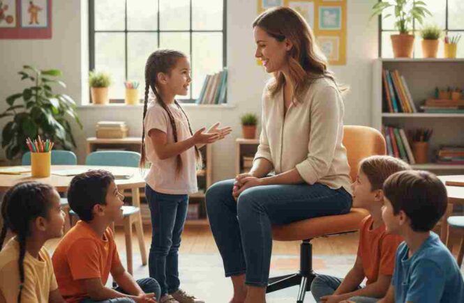Teacher interacting with young students in a bright classroom, encouraging open communication and emotional growth.