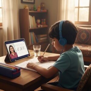 Kid practicing handwriting while learning from an online handwriting class for kids in India on a tablet.