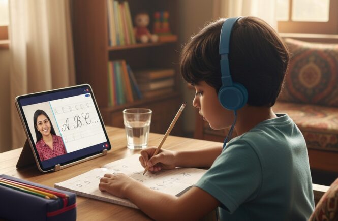 Kid practicing handwriting while learning from an online handwriting class for kids in India on a tablet.
