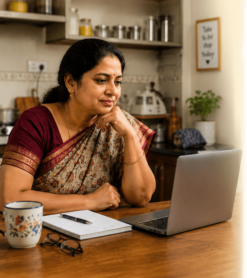 Woman working confidently on laptop